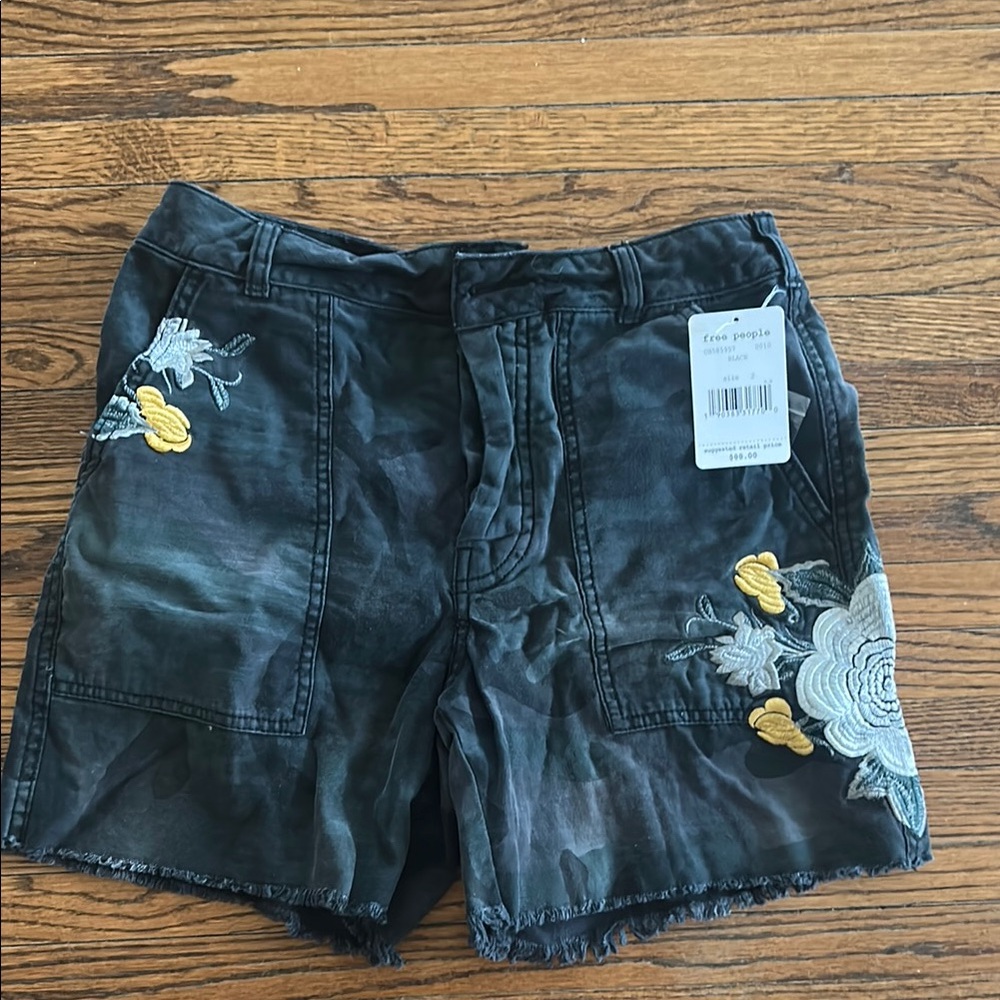 Embroidered Black Denim Shorts